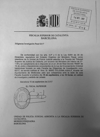 L’alcalde de Mollerussa, Marc Solsona, citat dimarts vinent davant la fiscalia del TSJC per col·laborar amb l’1-O