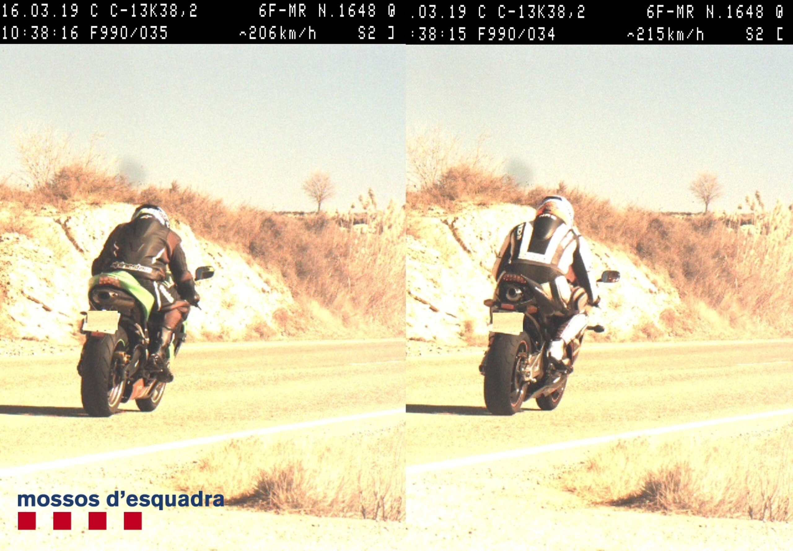 Els dos motoristes, enxampats en el control de velocitat dels Mossos. Imatge del 17 de març de 2019. (Horitzontal)